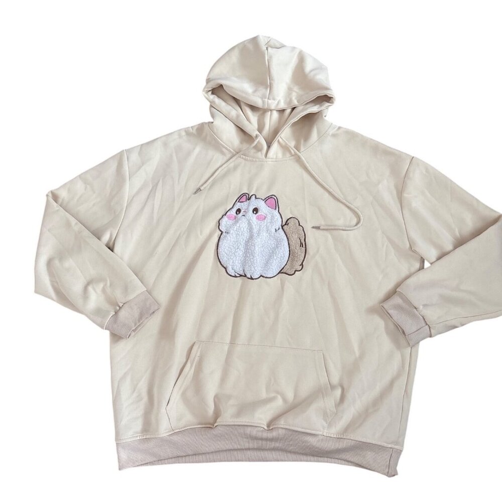 Cute Cream Fluffy Cat Hoodie XXL Kangaroo Pocket